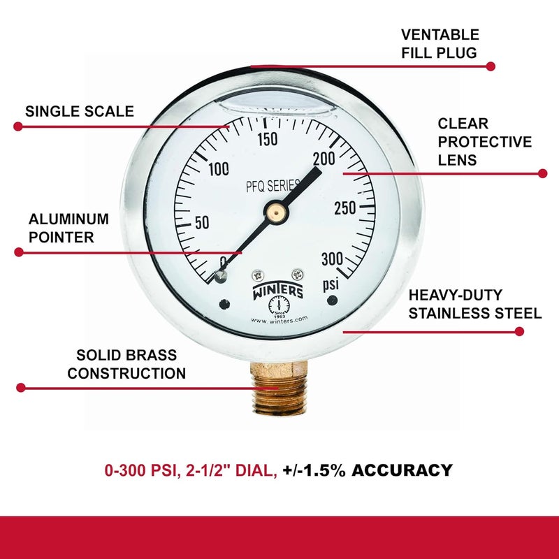 Winters Instruments Winters 2-1/2" Dial Size, Liquid Filled Industrial Pressure Gauge, Brass Internals, 304 Stainless Steel Case, Single Scale 0-300 psi, 1.5% Acc, 1/4" NPT Bottom Mount, Glycerin Filled Pressure Gauge - Image 4